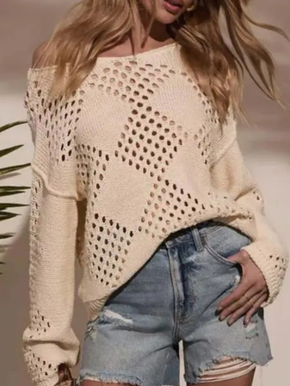 ShopEvelynne Cream Open-Knit Off-Shoulder Sweater